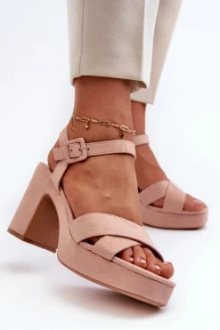 Damskie Boto Sandały Damskie Z Eko Zamszu Na Słupku I Platformie Różowe Sakane