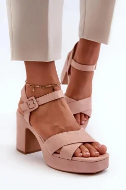 Damskie Boto Sandały Damskie Z Eko Zamszu Na Słupku I Platformie Różowe Sakane