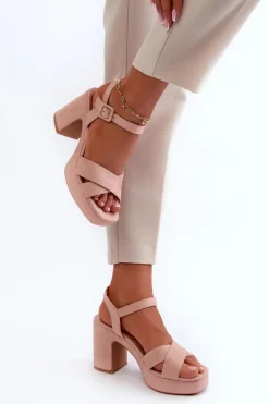 Damskie Boto Sandały Damskie Z Eko Zamszu Na Słupku I Platformie Różowe Sakane