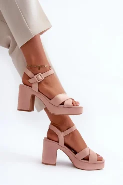 Damskie Boto Sandały Damskie Z Eko Zamszu Na Słupku I Platformie Różowe Sakane