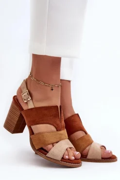 Evento Sandały Na Słupku|Sandały Na Obcasie*Sandały Damskie Z Eko Zamszu Na Obcasie Słupku Brązowe Qutima Brązowy