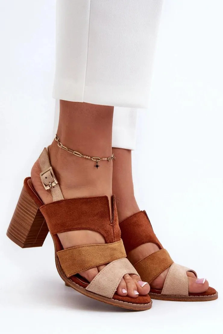Evento Sandały Na Słupku|Sandały Na Obcasie*Sandały Damskie Z Eko Zamszu Na Obcasie Słupku Brązowe Qutima Brązowy