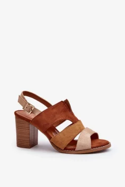 Evento Sandały Na Słupku|Sandały Na Obcasie*Sandały Damskie Z Eko Zamszu Na Obcasie Słupku Brązowe Qutima Brązowy
