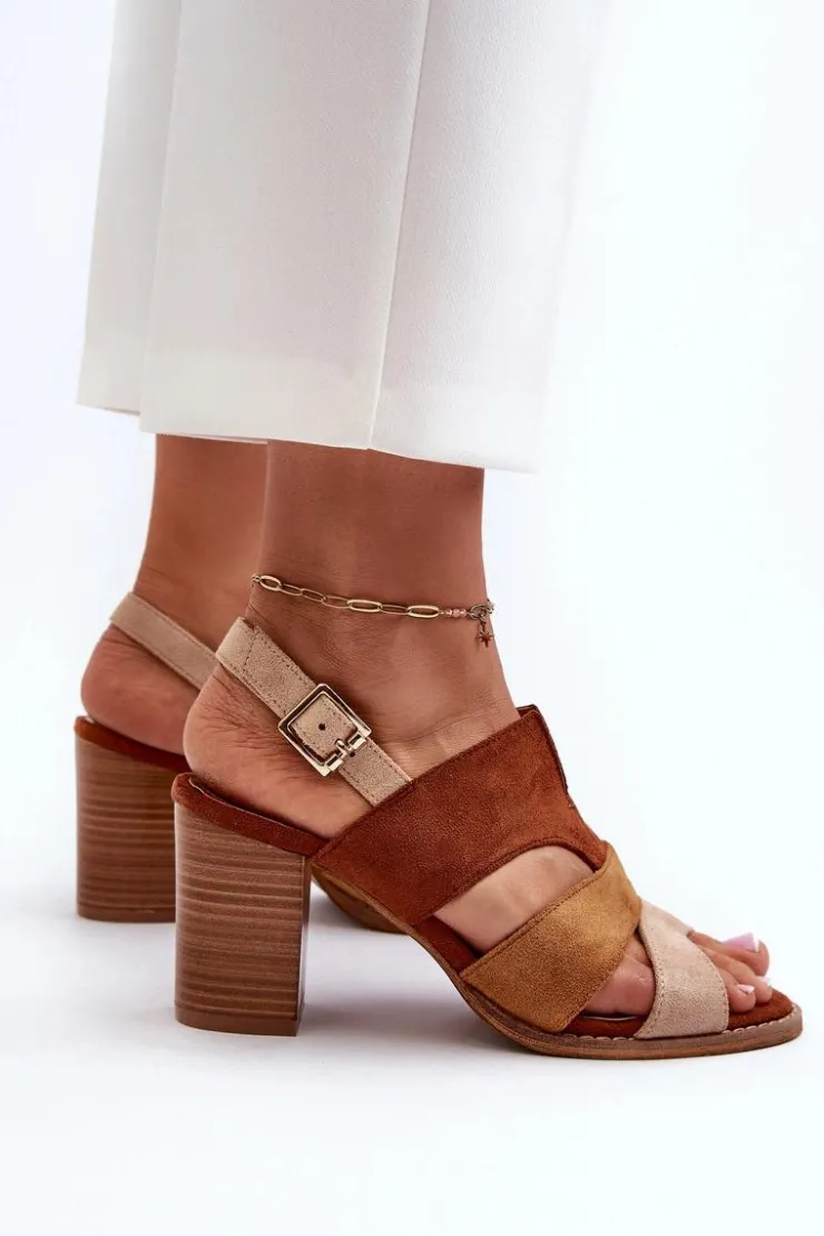 Evento Sandały Na Słupku|Sandały Na Obcasie*Sandały Damskie Z Eko Zamszu Na Obcasie Słupku Brązowe Qutima Brązowy
