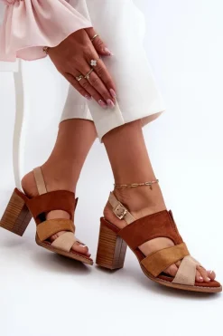 Evento Sandały Na Słupku|Sandały Na Obcasie*Sandały Damskie Z Eko Zamszu Na Obcasie Słupku Brązowe Qutima Brązowy