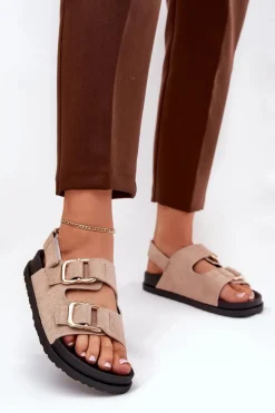 Boto Sandały Płaskie*Sandały Damskie Z Klamrami Beżowe Seladith