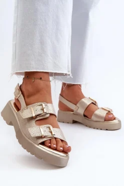 Boto Sandały Płaskie*Sandały Damskie Z Klamrami Eko Skórzane Złote Konanttia