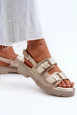 Boto Sandały Płaskie*Sandały Damskie Z Klamrami Eko Skórzane Złote Konanttia