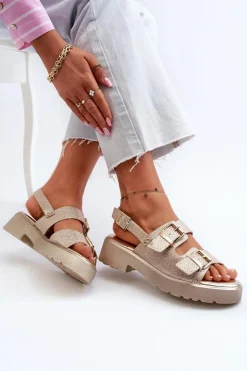 Boto Sandały Płaskie*Sandały Damskie Z Klamrami Eko Skórzane Złote Konanttia