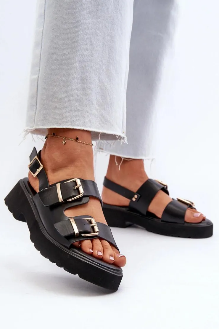 Hot Boto Sandały Damskie Z Klamrami Eko Skórzane Czarne Konanttia