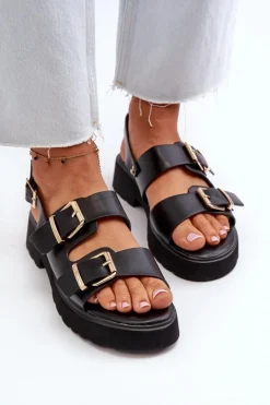 Hot Boto Sandały Damskie Z Klamrami Eko Skórzane Czarne Konanttia