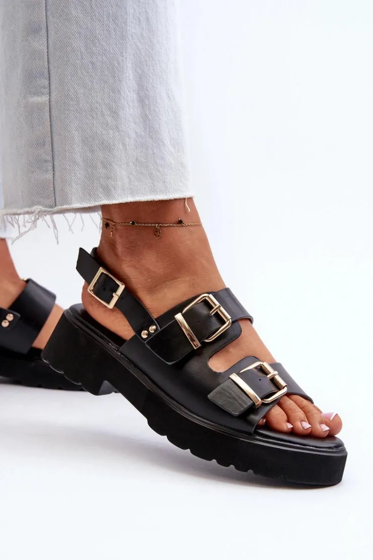 Hot Boto Sandały Damskie Z Klamrami Eko Skórzane Czarne Konanttia