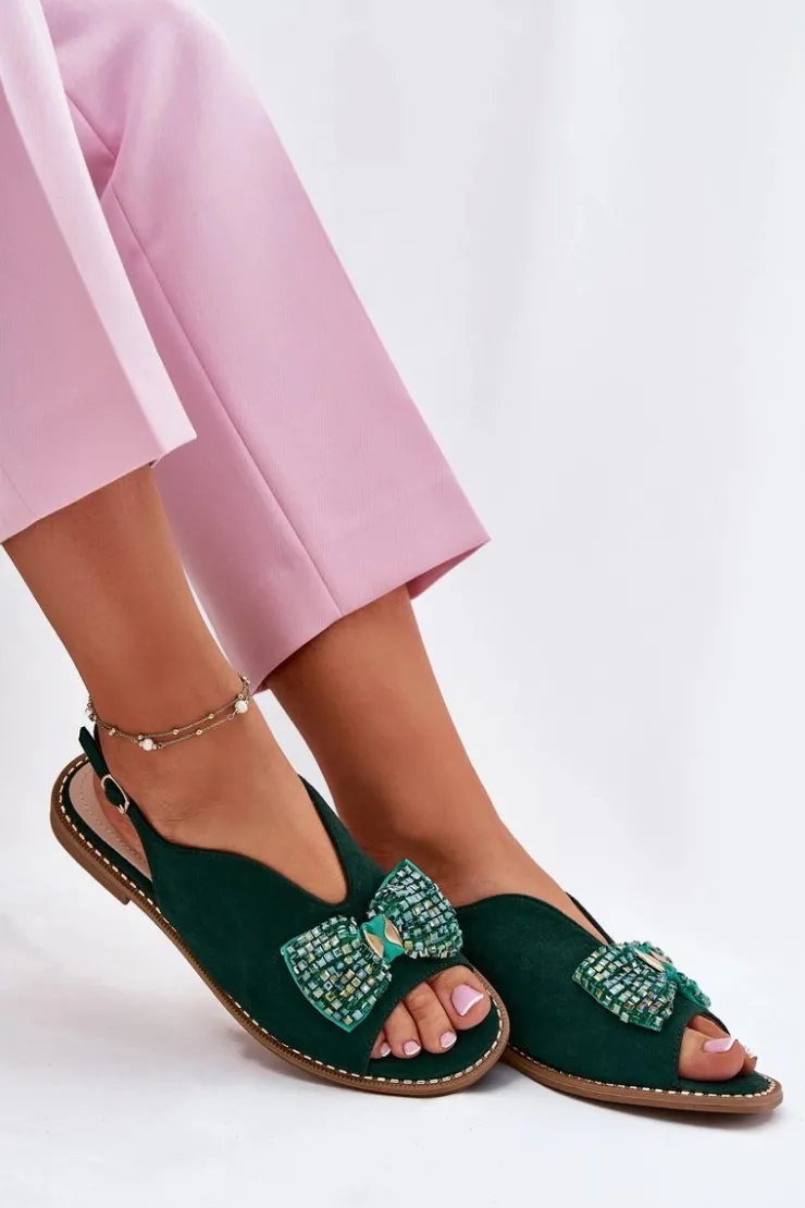 Damskie buty S.Barski Sandały Płaskie*Sandały Damskie Z Kokardą Na Płaskim Obcasie S.Barski KV51-014 Zielone Zielony