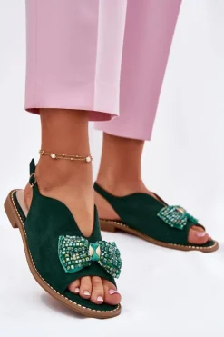 Damskie buty S.Barski Sandały Płaskie*Sandały Damskie Z Kokardą Na Płaskim Obcasie S.Barski KV51-014 Zielone Zielony