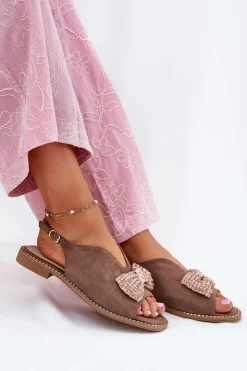 Damskie Damskie buty S.Barski Sandały Damskie Z Kokardą Na Płaskim Obcasie S.Barski KV51-014 Ciemnobeżowe