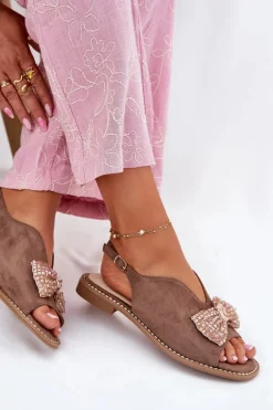 Damskie Damskie buty S.Barski Sandały Damskie Z Kokardą Na Płaskim Obcasie S.Barski KV51-014 Ciemnobeżowe