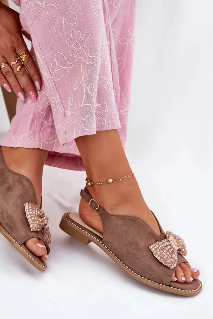 Damskie Damskie buty S.Barski Sandały Damskie Z Kokardą Na Płaskim Obcasie S.Barski KV51-014 Ciemnobeżowe