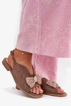 Damskie Damskie buty S.Barski Sandały Damskie Z Kokardą Na Płaskim Obcasie S.Barski KV51-014 Ciemnobeżowe