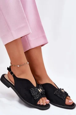 Damskie Damskie buty S.Barski Sandały Damskie Z Kokardą Na Płaskim Obcasie S.Barski KV51-014 Czarne