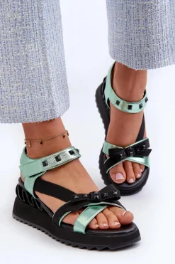 Clearance Damskie buty S.Barski Sandały Damskie Z Kokardką D&A CR956 Zielone Zielony