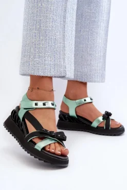 Clearance Damskie buty S.Barski Sandały Damskie Z Kokardką D&A CR956 Zielone Zielony