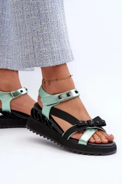 Clearance Damskie buty S.Barski Sandały Damskie Z Kokardką D&A CR956 Zielone Zielony