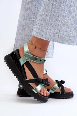 Clearance Damskie buty S.Barski Sandały Damskie Z Kokardką D&A CR956 Zielone Zielony