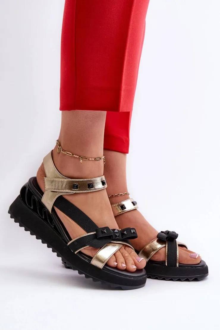 Damskie buty S.Barski Sandały Na Koturnie|Sandały Płaskie*Sandały Damskie Z Kokardką D&A CR956 Złote Złoty