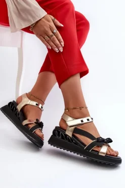 Damskie buty S.Barski Sandały Na Koturnie|Sandały Płaskie*Sandały Damskie Z Kokardką D&A CR956 Złote Złoty