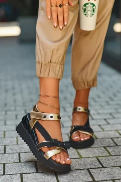 Damskie buty S.Barski Sandały Na Koturnie|Sandały Płaskie*Sandały Damskie Z Kokardką D&A CR956 Złote Złoty