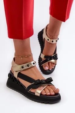 Damskie buty S.Barski Sandały Na Koturnie|Sandały Płaskie*Sandały Damskie Z Kokardką D&A CR956 Złote Złoty