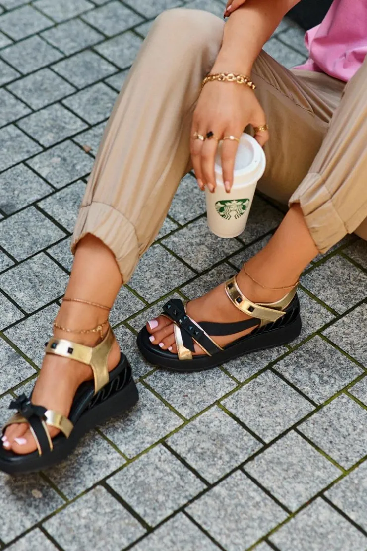 Damskie buty S.Barski Sandały Na Koturnie|Sandały Płaskie*Sandały Damskie Z Kokardką D&A CR956 Złote Złoty