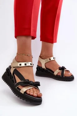 Damskie buty S.Barski Sandały Na Koturnie|Sandały Płaskie*Sandały Damskie Z Kokardką D&A CR956 Złote Złoty