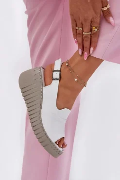 Clearance Artiker Sandały Damskie Z Naturalnej Skóry Na Koturnie 54C0786 Białe