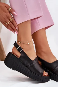 Damskie Artiker Sandały Damskie Z Naturalnej Skóry Na Koturnie 54C0791 Czarne