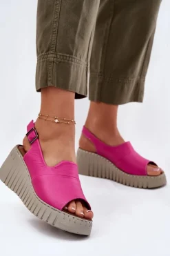 Artiker Sandały Na Koturnie*Sandały Damskie Z Naturalnej Skóry Na Koturnie 54C0789 Fuksja
