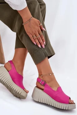 Artiker Sandały Na Koturnie*Sandały Damskie Z Naturalnej Skóry Na Koturnie 54C0789 Fuksja