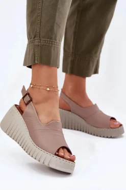 Artiker Sandały Damskie Z Naturalnej Skóry Na Koturnie 54C0788 Ciemnobeżowe Beżowy