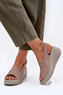 Artiker Sandały Damskie Z Naturalnej Skóry Na Koturnie 54C0788 Ciemnobeżowe Beżowy