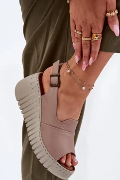 Artiker Sandały Damskie Z Naturalnej Skóry Na Koturnie 54C0788 Ciemnobeżowe Beżowy