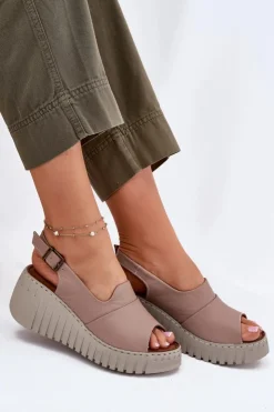 Artiker Sandały Damskie Z Naturalnej Skóry Na Koturnie 54C0788 Ciemnobeżowe Beżowy