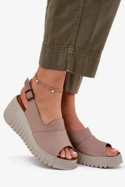 Artiker Sandały Damskie Z Naturalnej Skóry Na Koturnie 54C0788 Ciemnobeżowe Beżowy