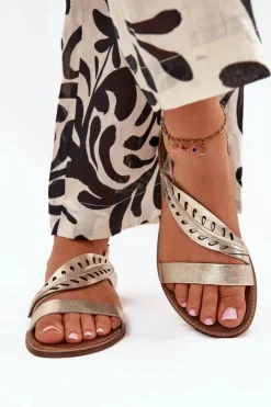 Boto Sandały Płaskie*Sandały Damskie Z Naturalnej Skóry Na Płaskim Obcasie Zazoo 3564 Złote Złoty