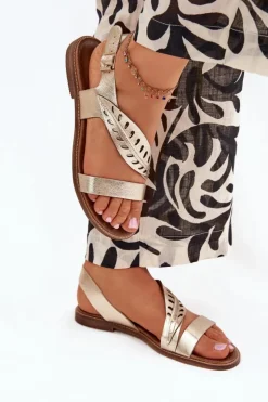 Boto Sandały Płaskie*Sandały Damskie Z Naturalnej Skóry Na Płaskim Obcasie Zazoo 3564 Złote Złoty