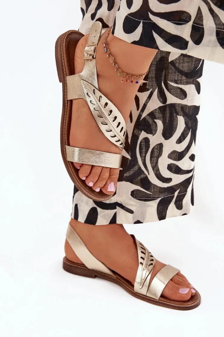 Boto Sandały Płaskie*Sandały Damskie Z Naturalnej Skóry Na Płaskim Obcasie Zazoo 3564 Złote Złoty