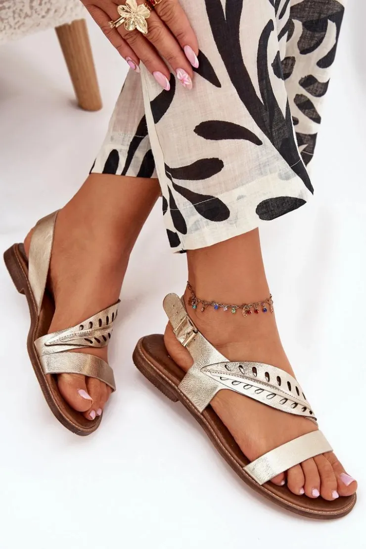 Boto Sandały Płaskie*Sandały Damskie Z Naturalnej Skóry Na Płaskim Obcasie Zazoo 3564 Złote Złoty