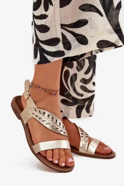 Boto Sandały Płaskie*Sandały Damskie Z Naturalnej Skóry Na Płaskim Obcasie Zazoo 3564 Złote Złoty