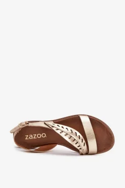 Boto Sandały Płaskie*Sandały Damskie Z Naturalnej Skóry Na Płaskim Obcasie Zazoo 3564 Złote Złoty