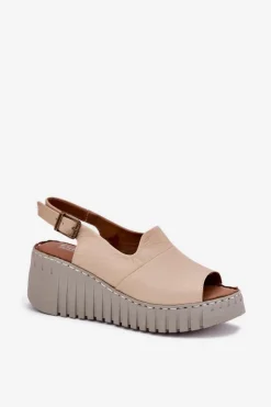 Damskie Artiker Sandały Damskie Z Naturalnej Skóry Na Koturnie 56C0957 Beżowe