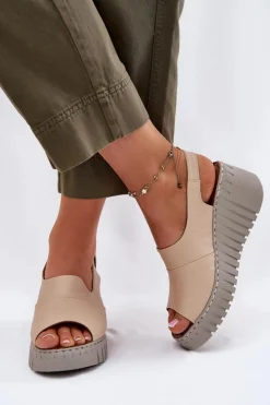 Damskie Artiker Sandały Damskie Z Naturalnej Skóry Na Koturnie 56C0957 Beżowe